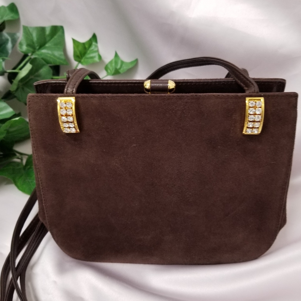 Henri Bendel RARE Vintage Brown Suede Swarovski Crystal Crossbody Made in Italy - Picture 3 of 15